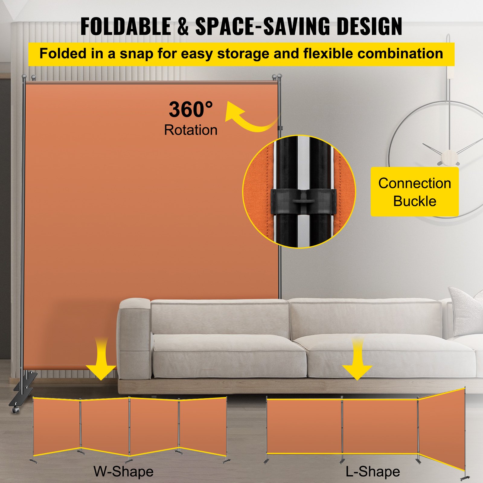 VEVOR Biombo Divisor 3 Paneles de Pie Naranja Separador de Ambientes Plegable de 360 Grados 150x180 cm de Tela Impermeable Biombos Separadores de Privacidad con 8 Ruedas para Hogar, Oficina, Salón