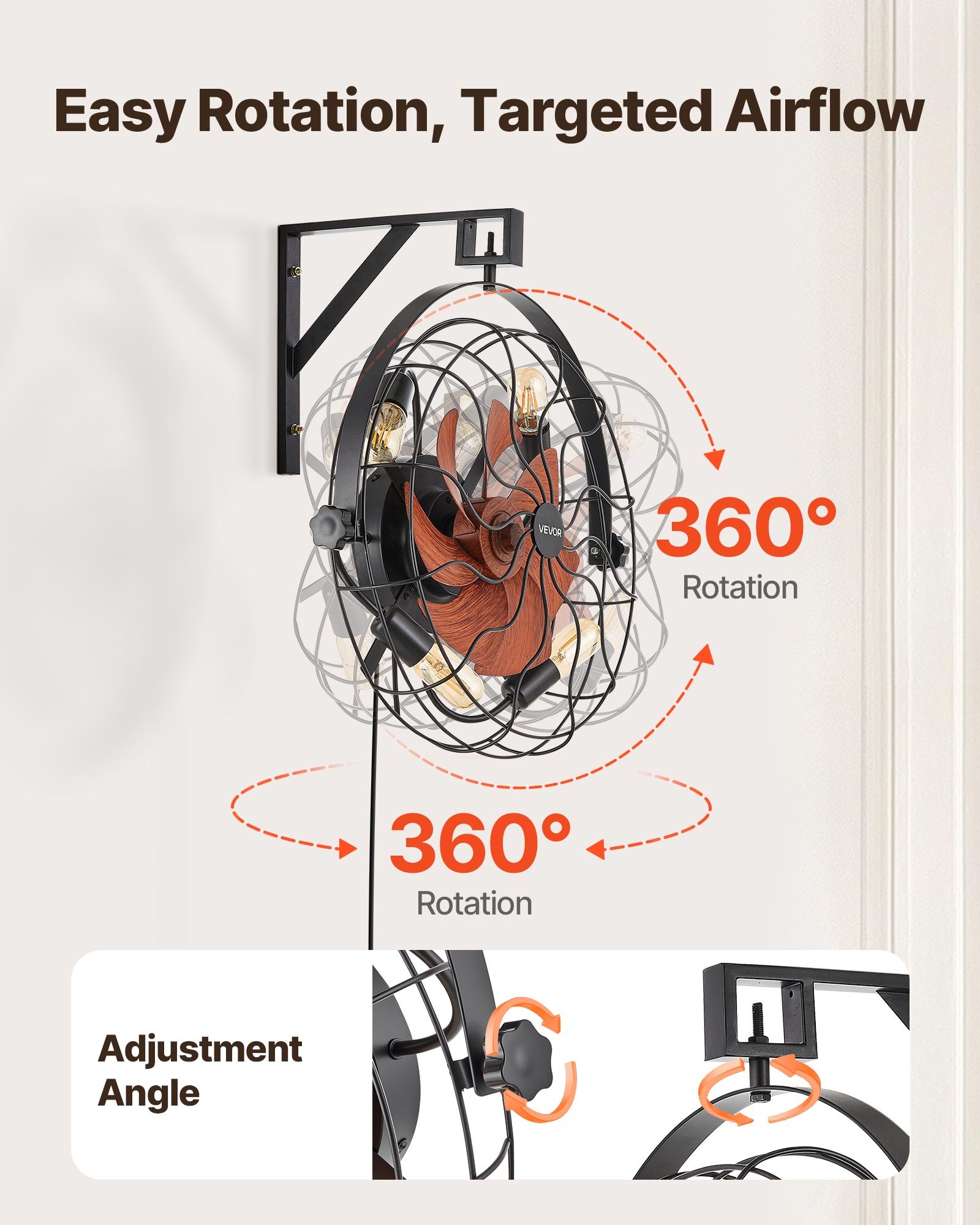 Ventilador de pared VEVOR con luces, 21 pulgadas, con control remoto, 6 velocidades, temporizador, inclinación ajustable de 360° para dormitorio, garaje y taller (compatible con 4 casquillos E26, sin bombilla).