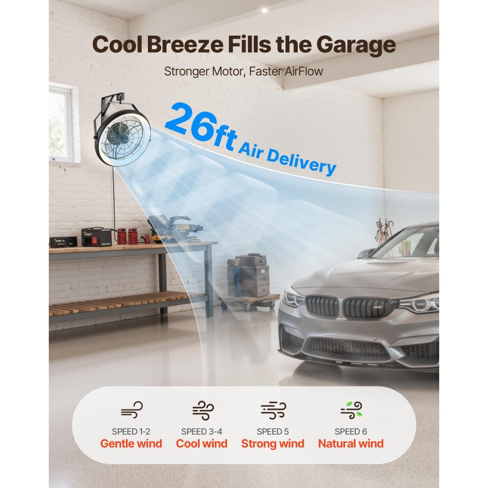 Ventilador de pared VEVOR con luces, 22 pulgadas, con control remoto, 6 velocidades, reversible, iluminación regulable de 3 colores, temporizador, inclinación ajustable de 360° para taller, patio y hogar.