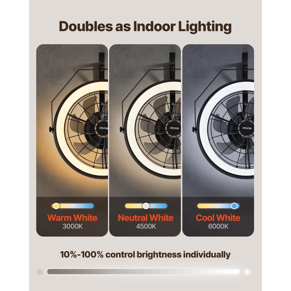 Ventilador de pared VEVOR con luces, 22 pulgadas, con control remoto, 6 velocidades, reversible, iluminación regulable de 3 colores, temporizador, inclinación ajustable de 360° para taller, patio y hogar.