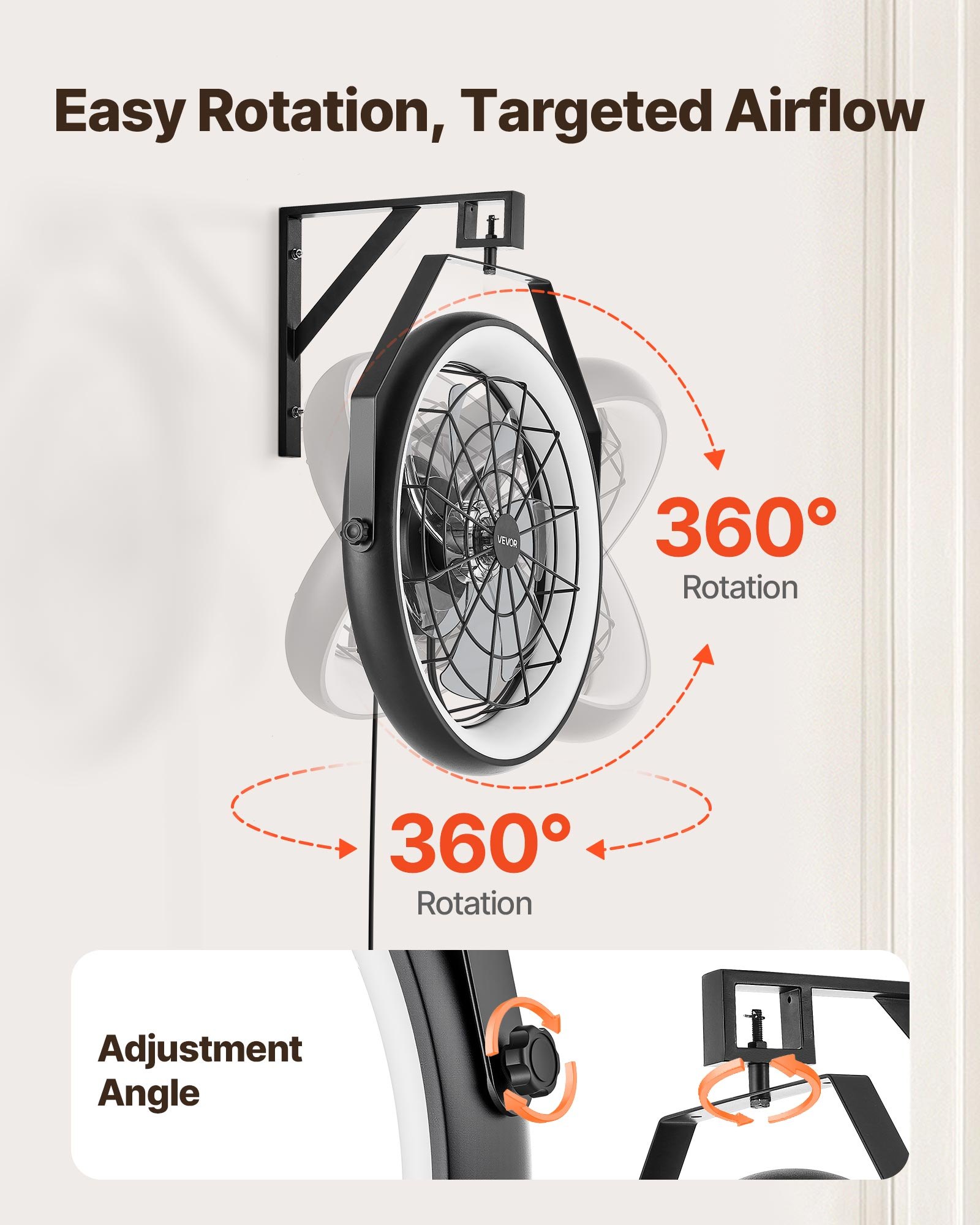 Ventilador de pared VEVOR con luces, 22 pulgadas, con control remoto, 6 velocidades, reversible, iluminación regulable de 3 colores, temporizador, inclinación ajustable de 360° para taller, patio y hogar.