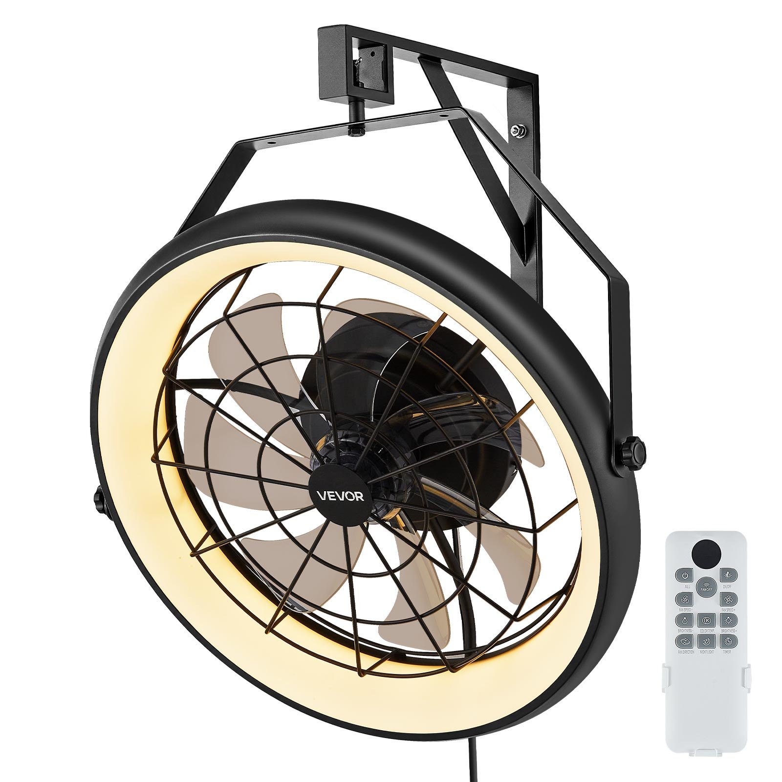 Ventilador de pared VEVOR con luces, 22 pulgadas, con control remoto, 6 velocidades, reversible, iluminación regulable de 3 colores, temporizador, inclinación ajustable de 360° para taller, patio y hogar.