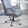 Silla de oficina gris con apoyabrazos y base cromados, con ruedas de silla de oficina VEVOR sobre piso de baldosas.