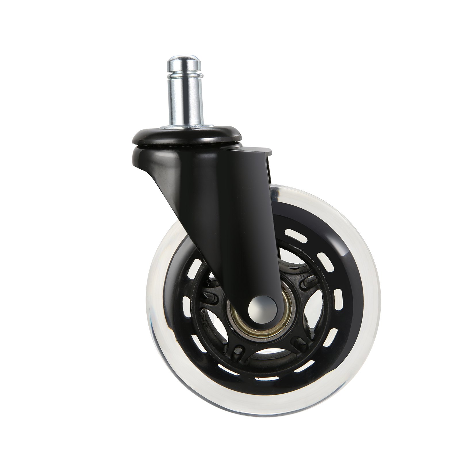 Rueda para silla de oficina VEVOR negra y transparente con vástago de metal y construcción robusta.