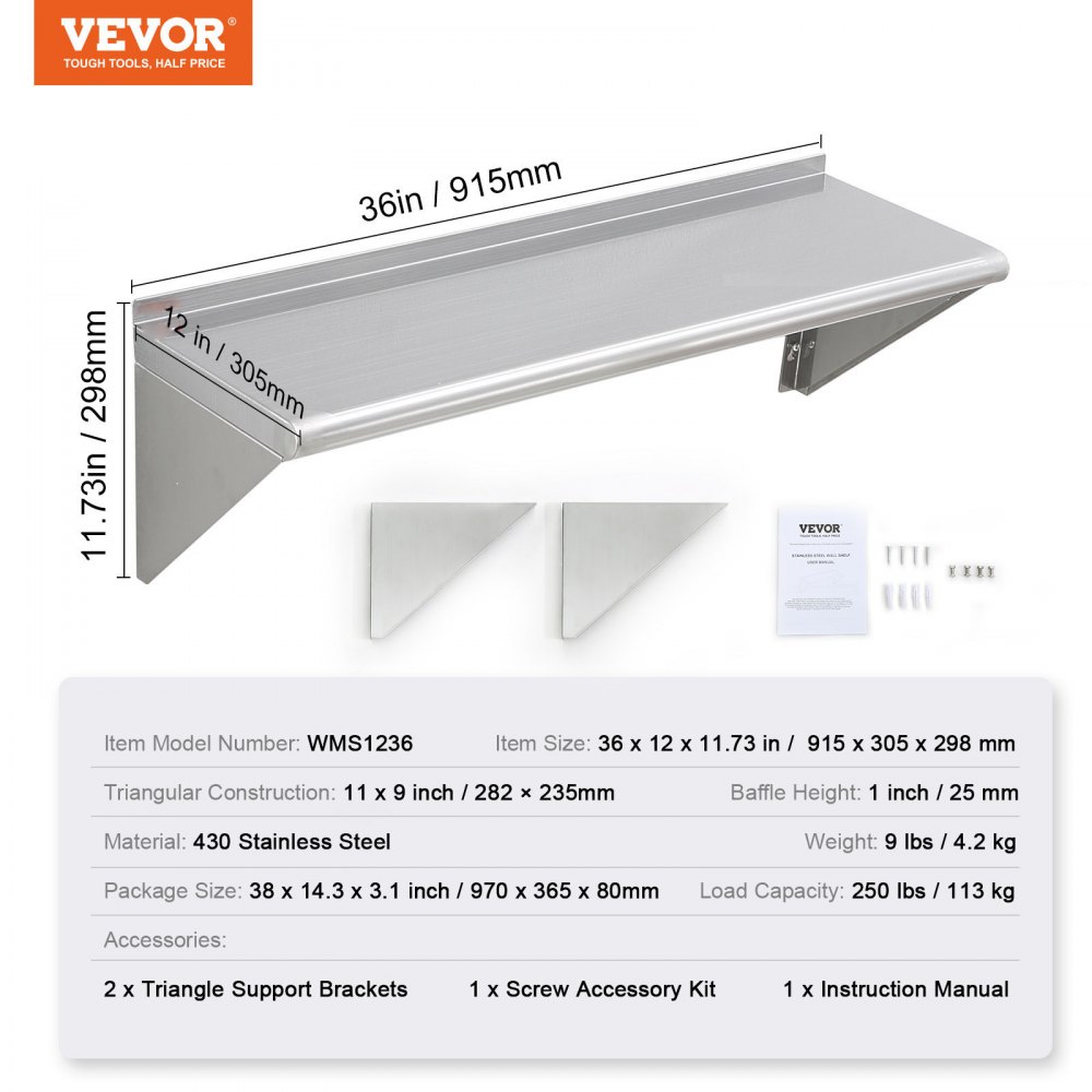 Estante flotante de acero inoxidable VEVOR de 30 x 91 cm, con soportes para montaje en pared, capacidad de carga de 113 kg, ideal para uso comercial, ideal para restaurantes, cocinas, bares, hogares y hoteles.