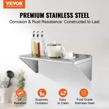 VEVOR Estante de acero inoxidable de 12.0 x 36.1 in, estantería flotante montada en la pared con soportes, estantes comerciales de capacidad de carga de 250 libras, estante de almacenamiento resistente para restaurante, cocina, bar, hogar y hotel