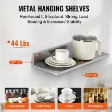 VEVOR Estante de acero inoxidable de 8.6 x 24 pulgadas, estantería flotante montada en la pared con protector contra salpicaduras, estantes comerciales de capacidad de carga de 44 libras, estante de almacenamiento resistente para restaurante, cocina, bar, hogar y hotel (2 paquetes)