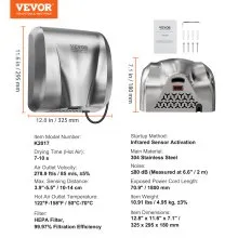 VEVOR Secador de manos comercial de alta resistencia, soplador de mano automático de viento caliente de acero inoxidable de alta velocidad de 1300 W, enchufe de 120 V/cableado dos opciones de alimentación, compatible con baños de negocios industriales