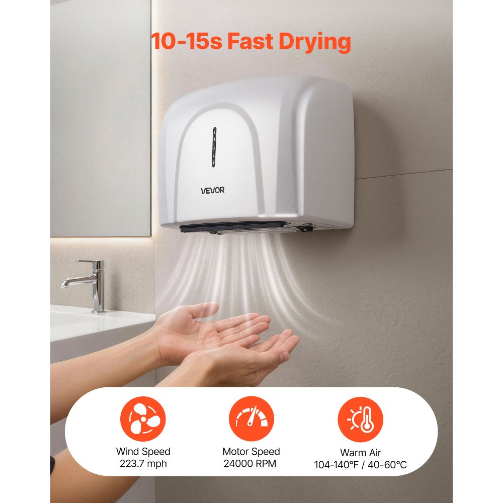Secador de manos VEVOR, secador de manos de aire para baño de 1300 W, automático de alta velocidad con filtro HEPA, secado rápido, construcción de ABS de primera calidad, AC110-120 V, montaje en pared comercial para baño doméstico, habitación de invitados, alojamiento.