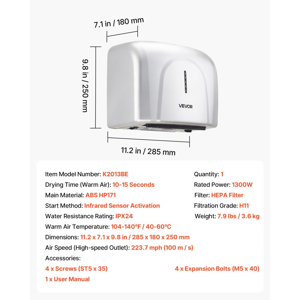 Secador de manos VEVOR, secador de manos de aire para baño de 1300 W, automático de alta velocidad con filtro HEPA, secado rápido, construcción de ABS de primera calidad, AC110-120 V, montaje en pared comercial para baño doméstico, habitación de invitados, alojamiento.
