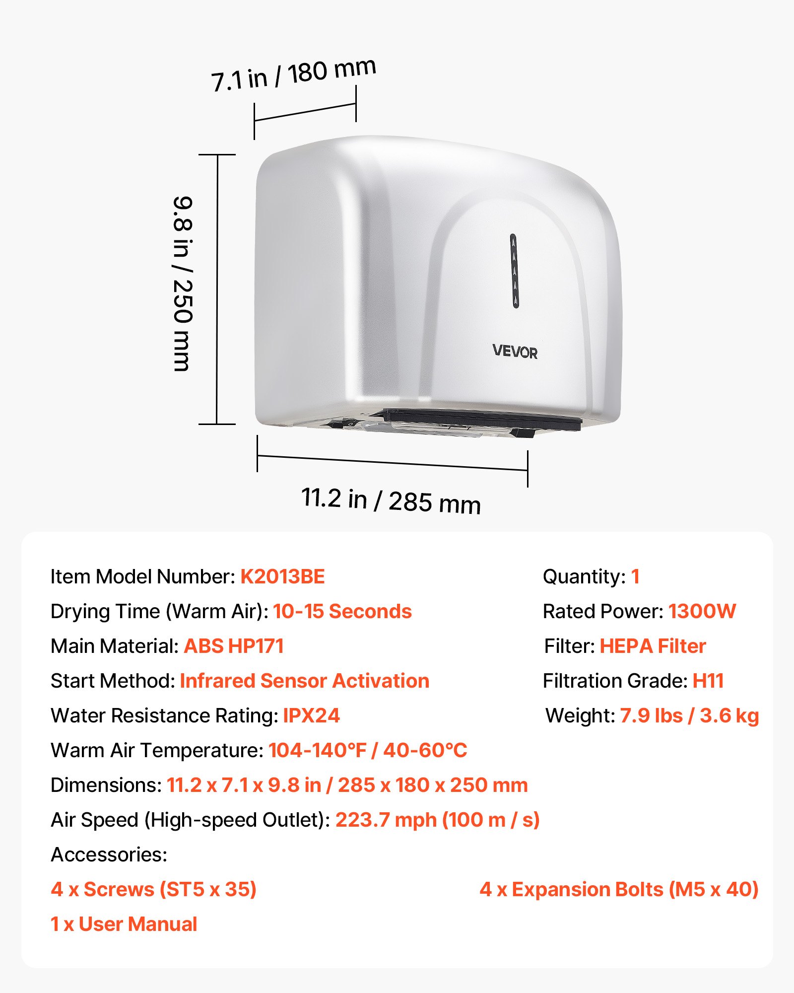Secador de manos VEVOR, secador de manos de aire para baño de 1300 W, automático de alta velocidad con filtro HEPA, secado rápido, construcción de ABS de primera calidad, AC110-120 V, montaje en pared comercial para baño doméstico, habitación de invitados, alojamiento.