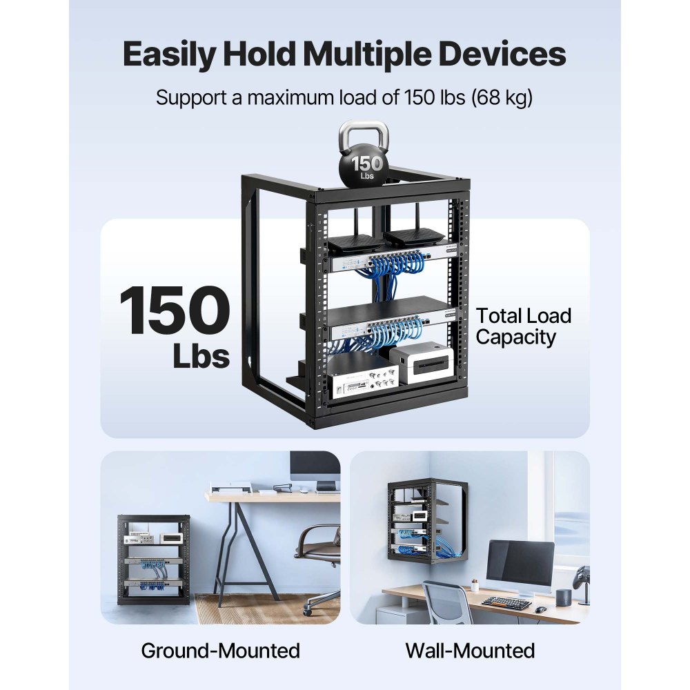 VEVOR - Rack de servidor de pared de 12 U, capacidad de carga máxima de 68 kg, marco abierto con apertura de 180 grados, acero al carbono, para equipos de red de TI de 19 pulgadas y dispositivos AV, color negro
