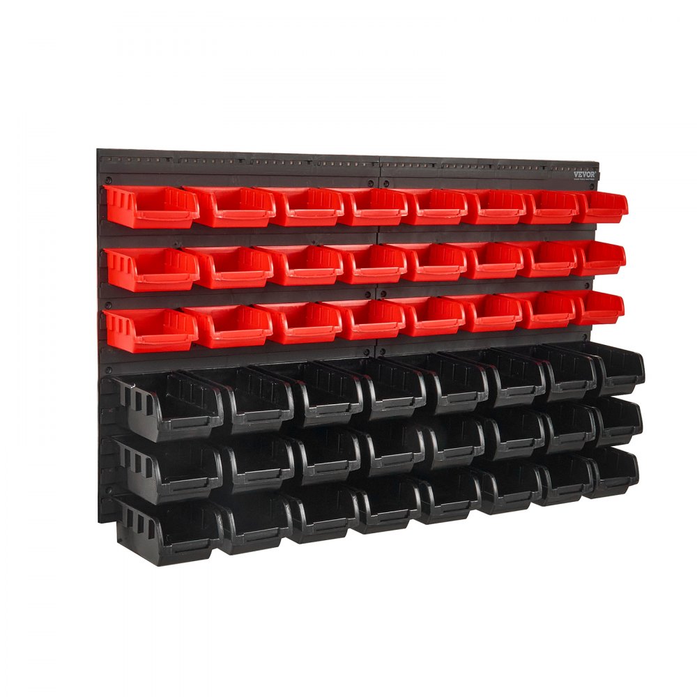 VEVOR - Contenedores de almacenamiento de pared de 48 compartimentos, organizador de piezas de plástico para garaje, taller, herramientas con paneles de pared, organizador de herramientas para tuercas, pernos, tornillos, clavos, cuentas, botones y otras piezas pequeñas, color negro y rojo.