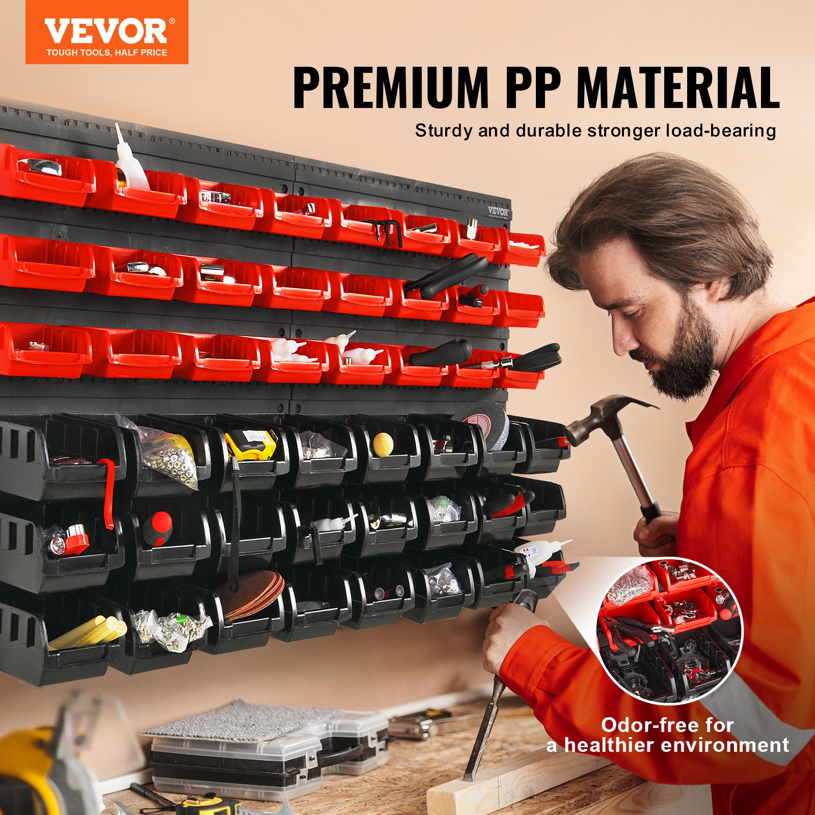 VEVOR - Contenedores de almacenamiento de pared de 48 compartimentos, organizador de piezas de plástico para garaje, taller, herramientas con paneles de pared, organizador de herramientas para tuercas, pernos, tornillos, clavos, cuentas, botones y otras piezas pequeñas, color negro y rojo.