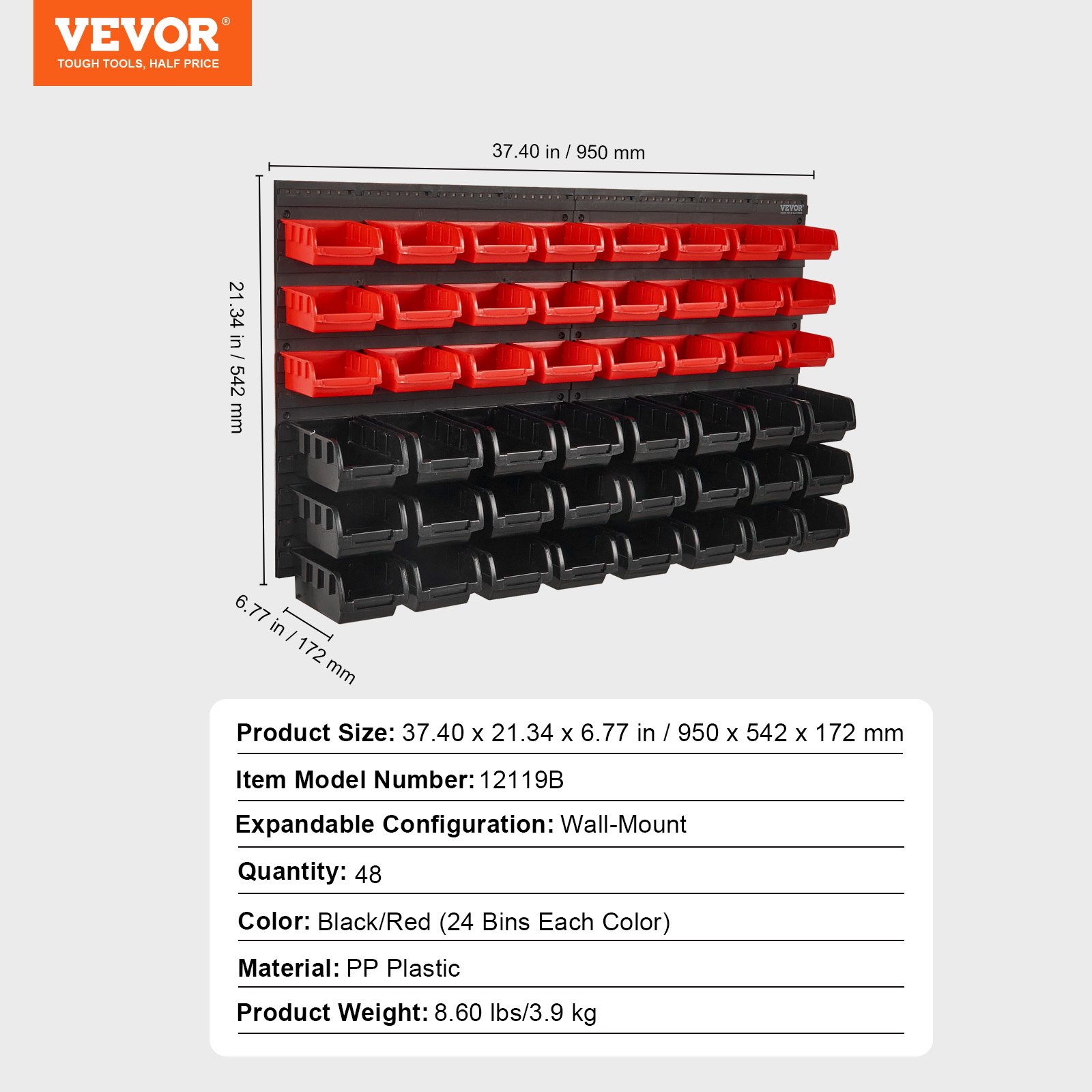 VEVOR - Contenedores de almacenamiento de pared de 48 compartimentos, organizador de piezas de plástico para garaje, taller, herramientas con paneles de pared, organizador de herramientas para tuercas, pernos, tornillos, clavos, cuentas, botones y otras piezas pequeñas, color negro y rojo.