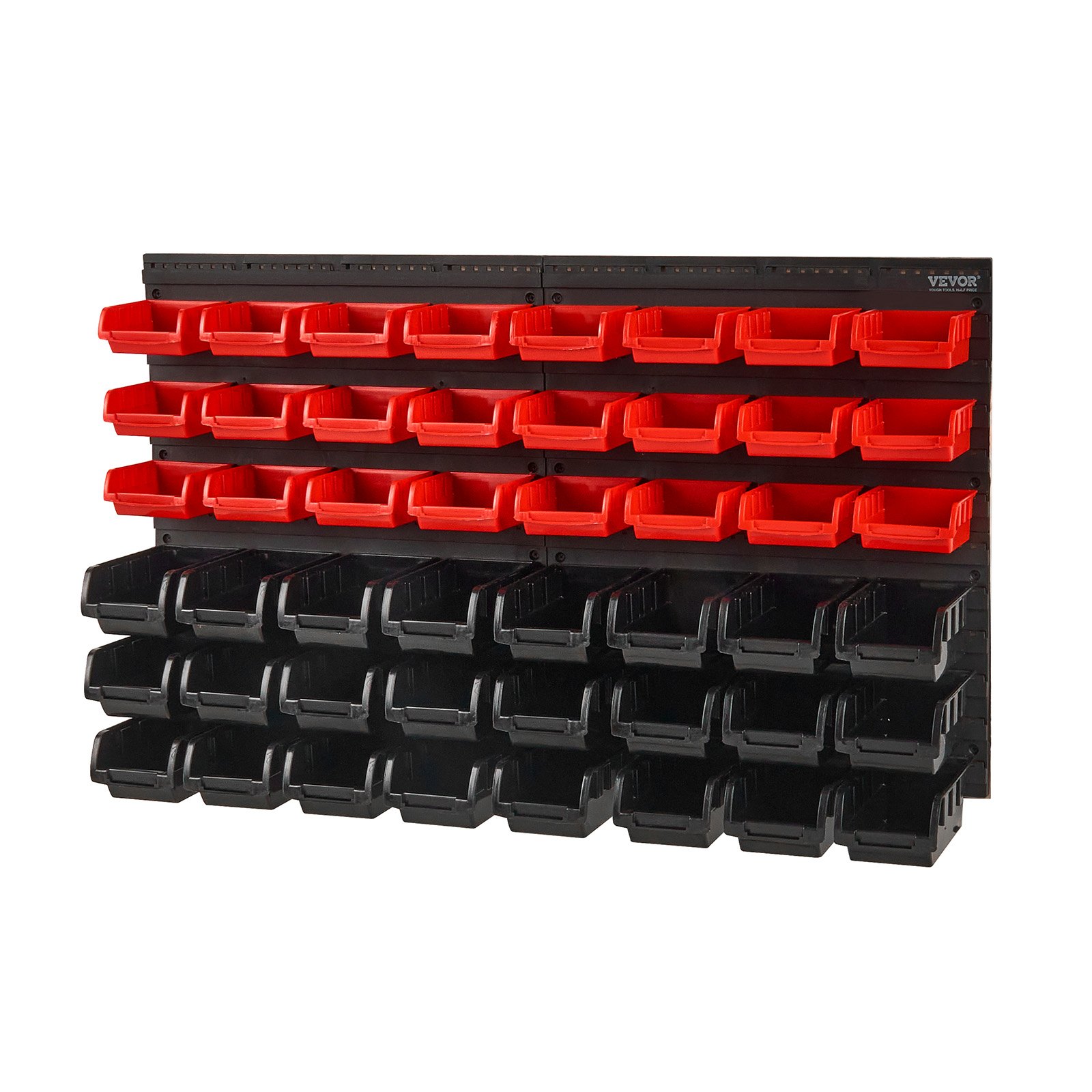VEVOR - Contenedores de almacenamiento de pared de 48 compartimentos, organizador de piezas de plástico para garaje, taller, herramientas con paneles de pared, organizador de herramientas para tuercas, pernos, tornillos, clavos, cuentas, botones y otras piezas pequeñas, color negro y rojo.