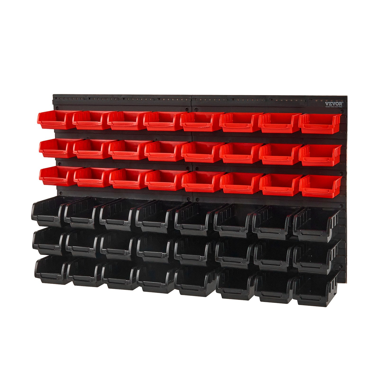 VEVOR - Contenedores de almacenamiento de pared de 48 compartimentos, organizador de piezas de plástico para garaje, taller, herramientas con paneles de pared, organizador de herramientas para tuercas, pernos, tornillos, clavos, cuentas, botones y otras piezas pequeñas, color negro y rojo.