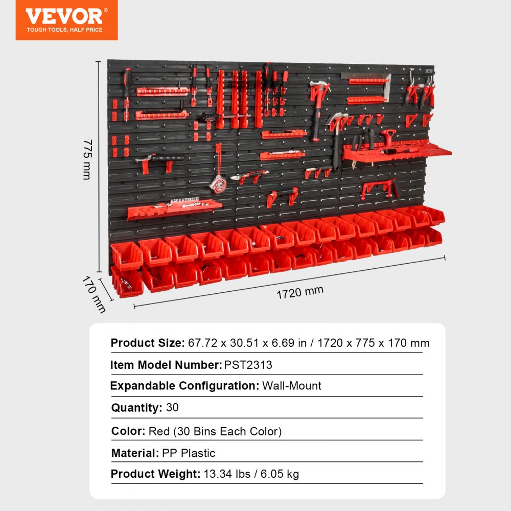 VEVOR - Contenedores de almacenamiento de pared (30 unidades), organizador de piezas de plástico para garaje, taller, con paneles de pared, soportes y ganchos, organizador de herramientas para tuercas, pernos, tornillos, clavos, cuentas y botones, color negro y rojo.