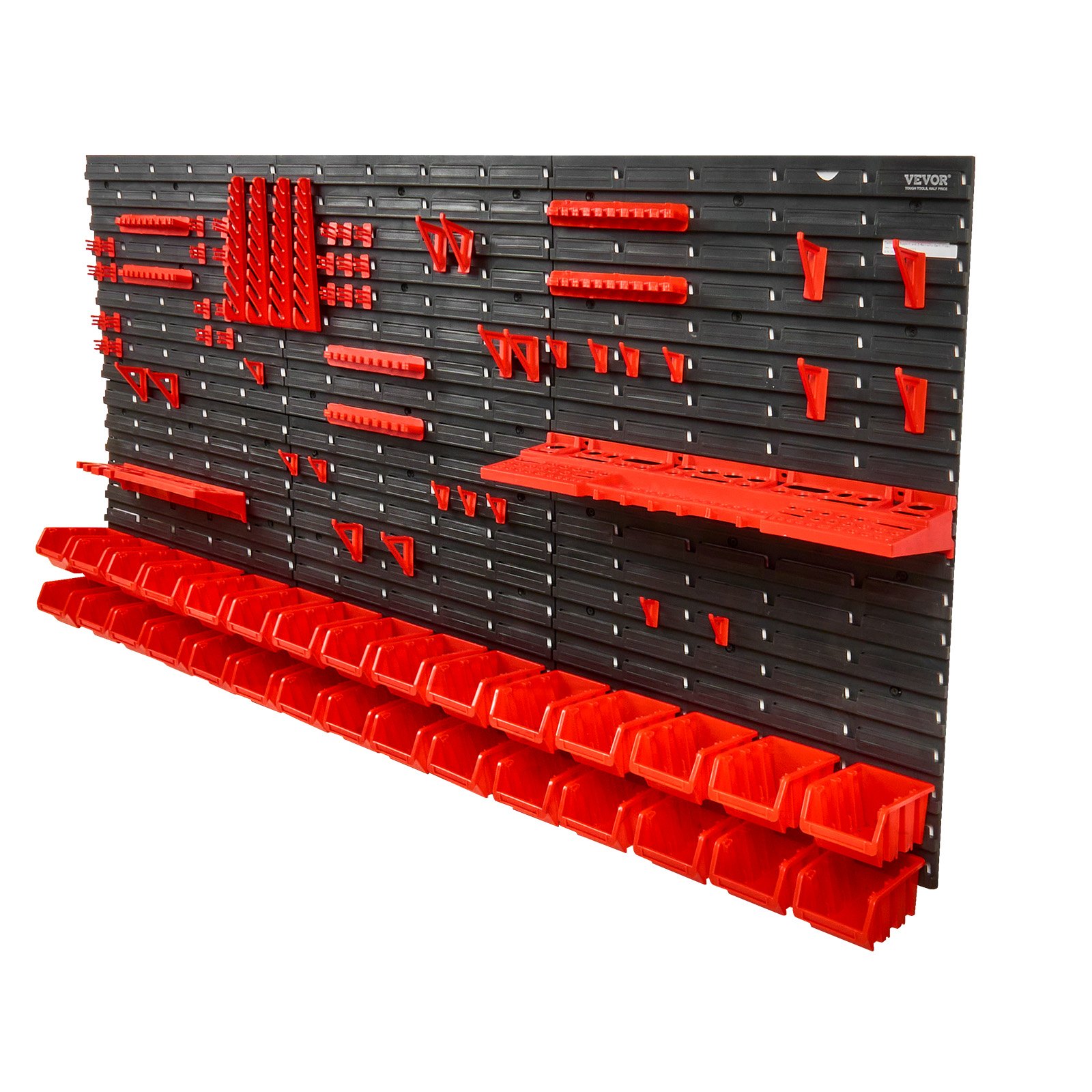 VEVOR - Contenedores de almacenamiento de pared (30 unidades), organizador de piezas de plástico para garaje, taller, con paneles de pared, soportes y ganchos, organizador de herramientas para tuercas, pernos, tornillos, clavos, cuentas y botones, color negro y rojo.