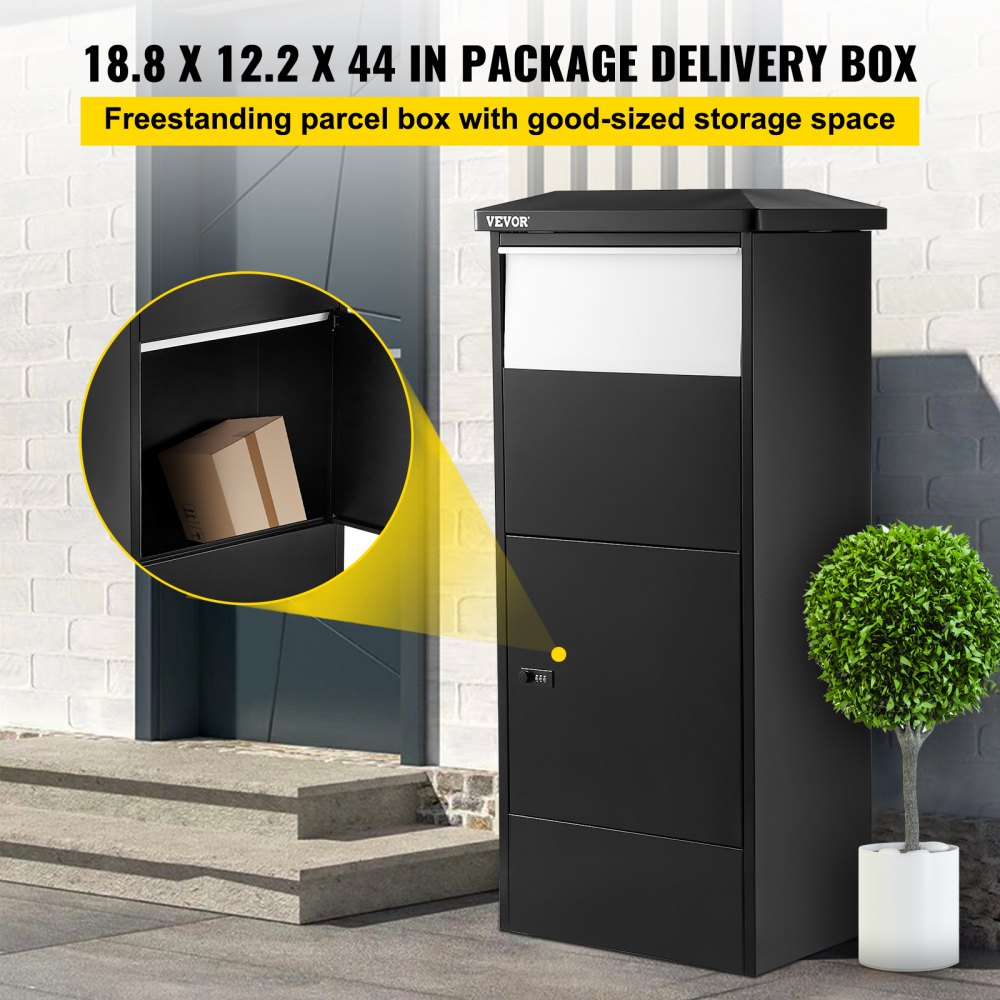 Caja de entrega de paquetes VEVOR, independiente, con amplio espacio de almacenamiento, colocada cerca de una puerta.