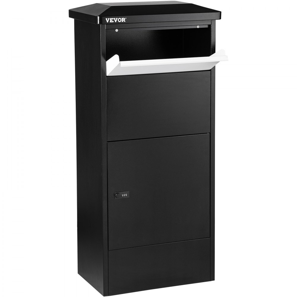 Caja de entrega de paquetes VEVOR negra con ranura para correo y compartimento con cerradura.