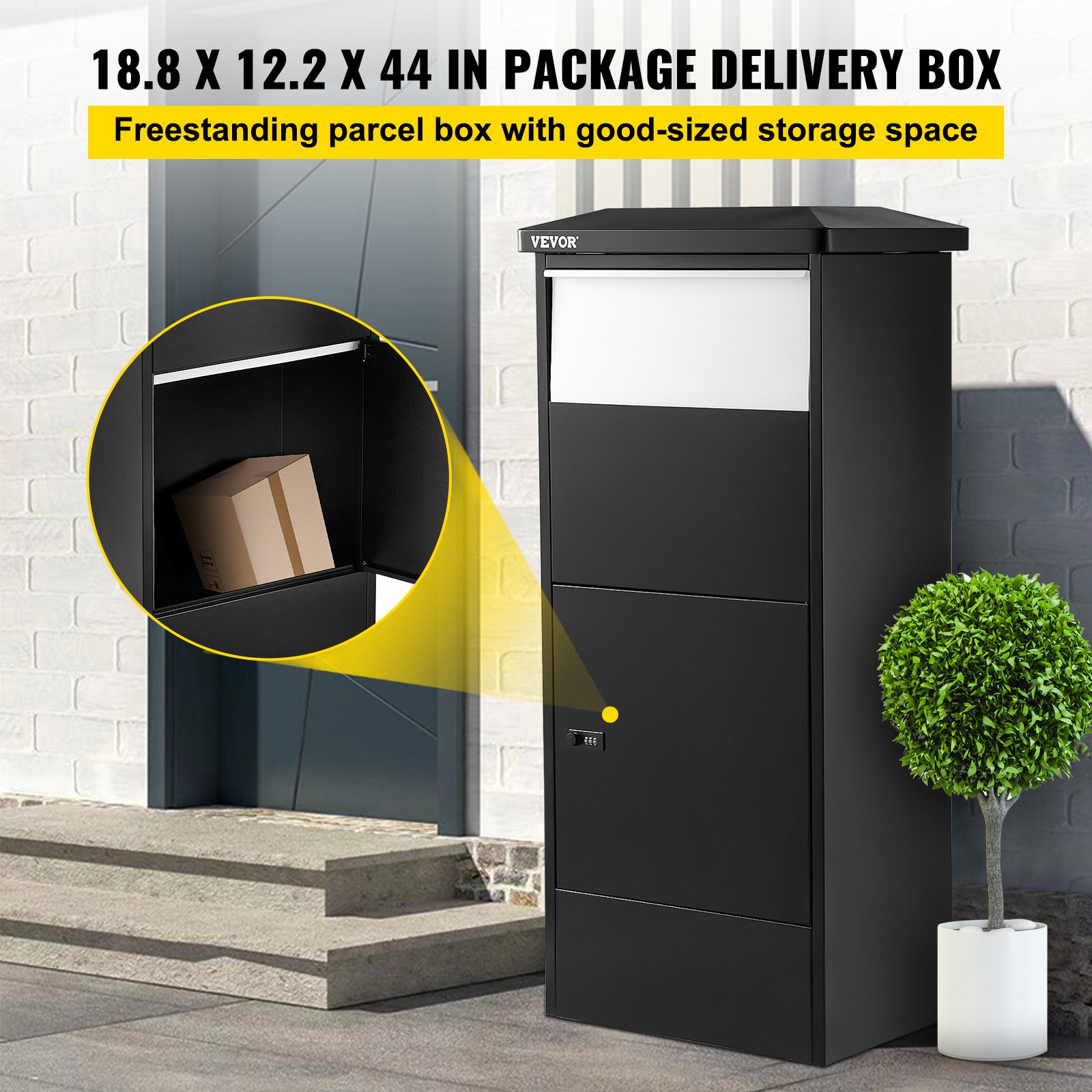 Caja de entrega de paquetes VEVOR, independiente, con amplio espacio de almacenamiento, colocada cerca de una puerta.