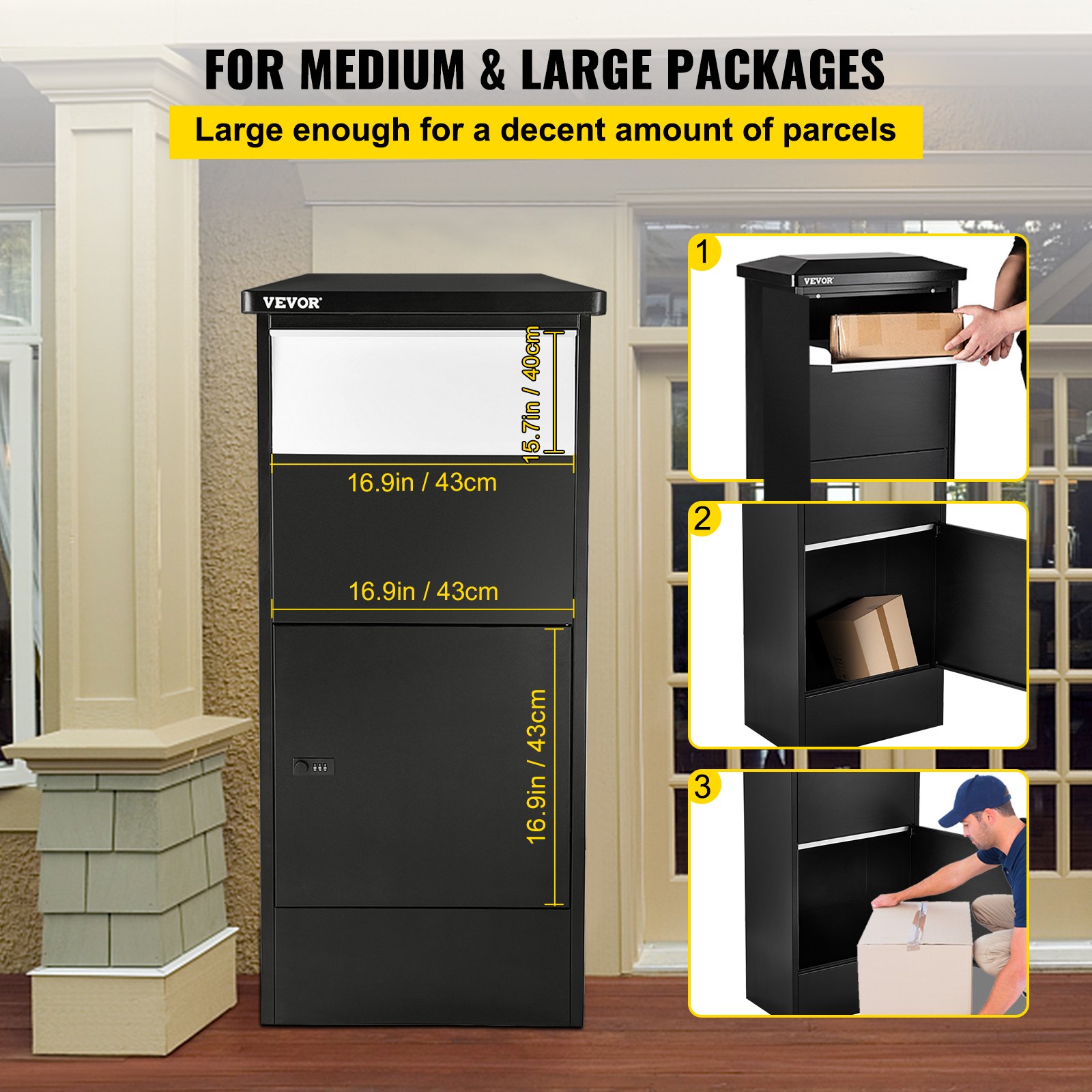 Caja de entrega de paquetes VEVOR para paquetes medianos y grandes con compartimentos seguros.