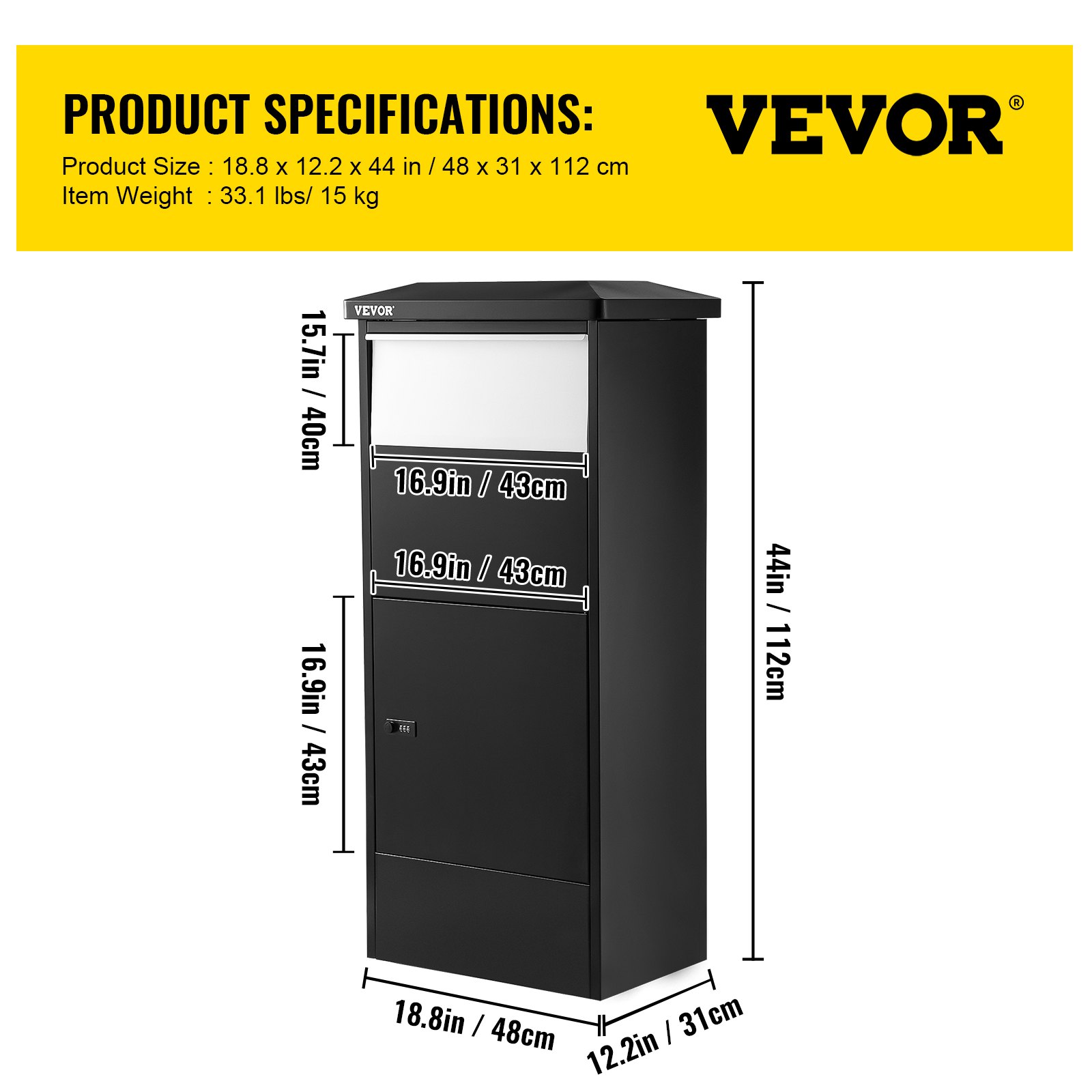 Medidas de la caja de entrega de paquete VEVOR: 18,8 x 12,2 x 44 pulgadas, color negro con tres compartimentos.
