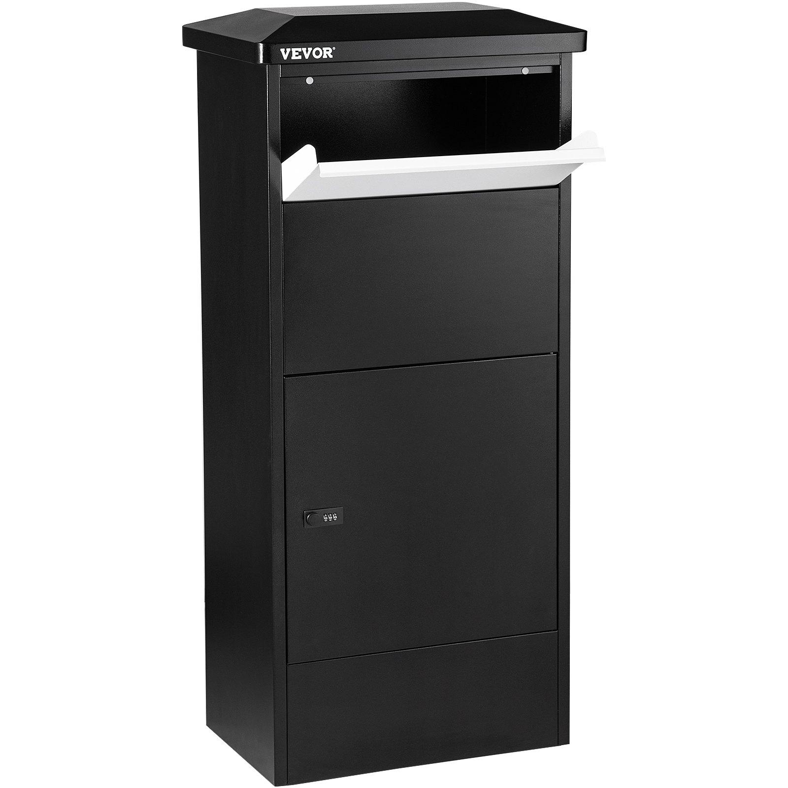 Caja de entrega de paquetes VEVOR negra con ranura para correo y compartimento con cerradura.