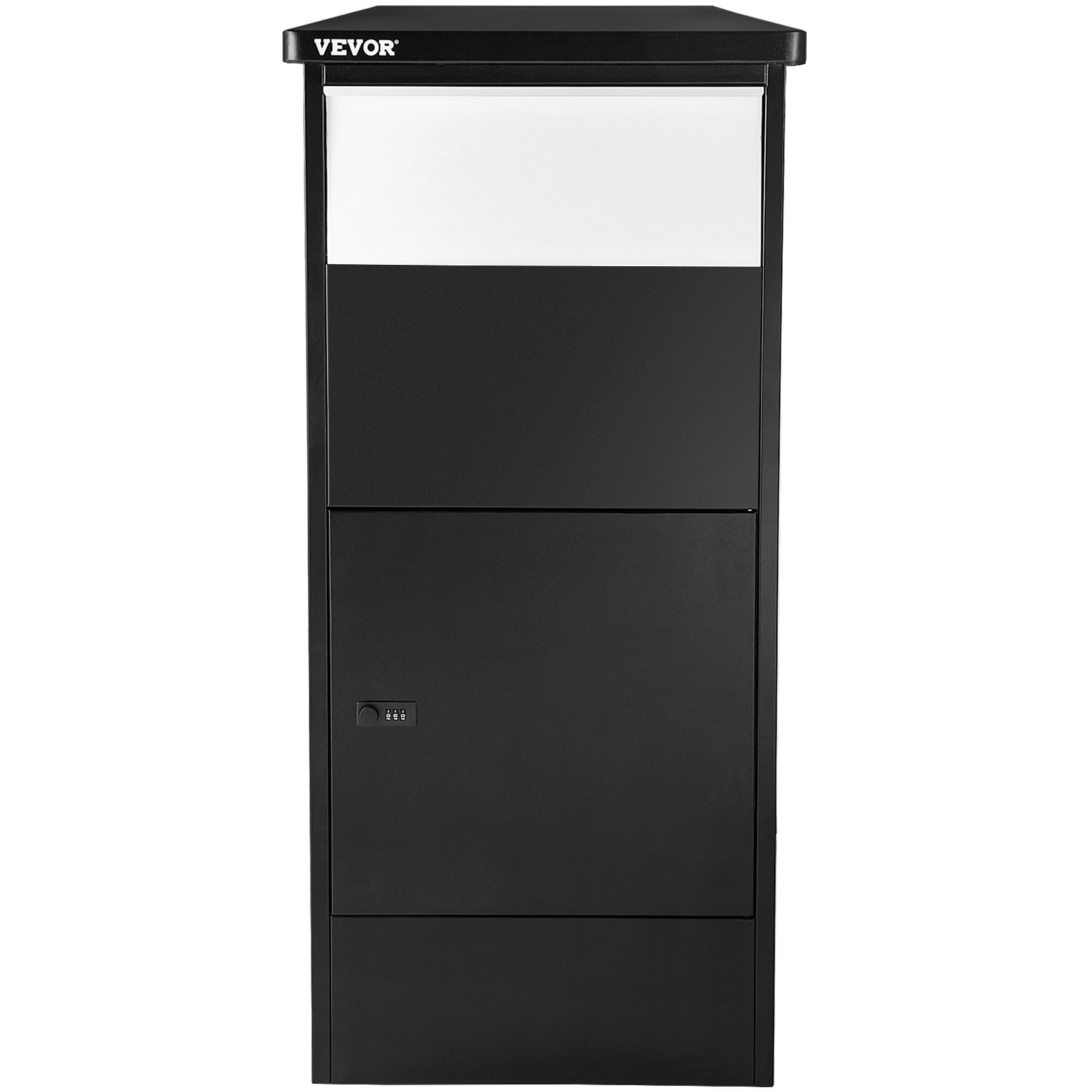 Caja de entrega de paquete VEVOR negra con cerradura y panel superior blanco.