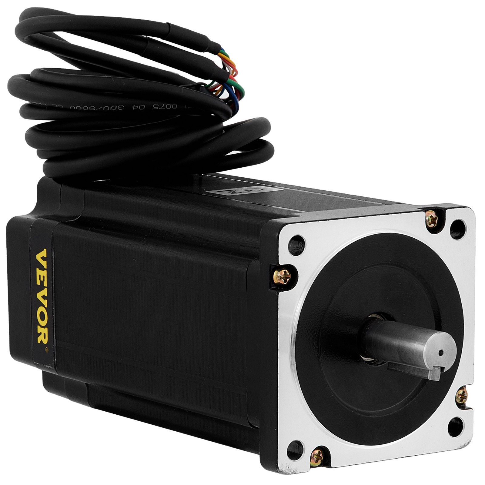 Servomotor paso a paso VEVOR nema34 con cables negros y eje plateado.