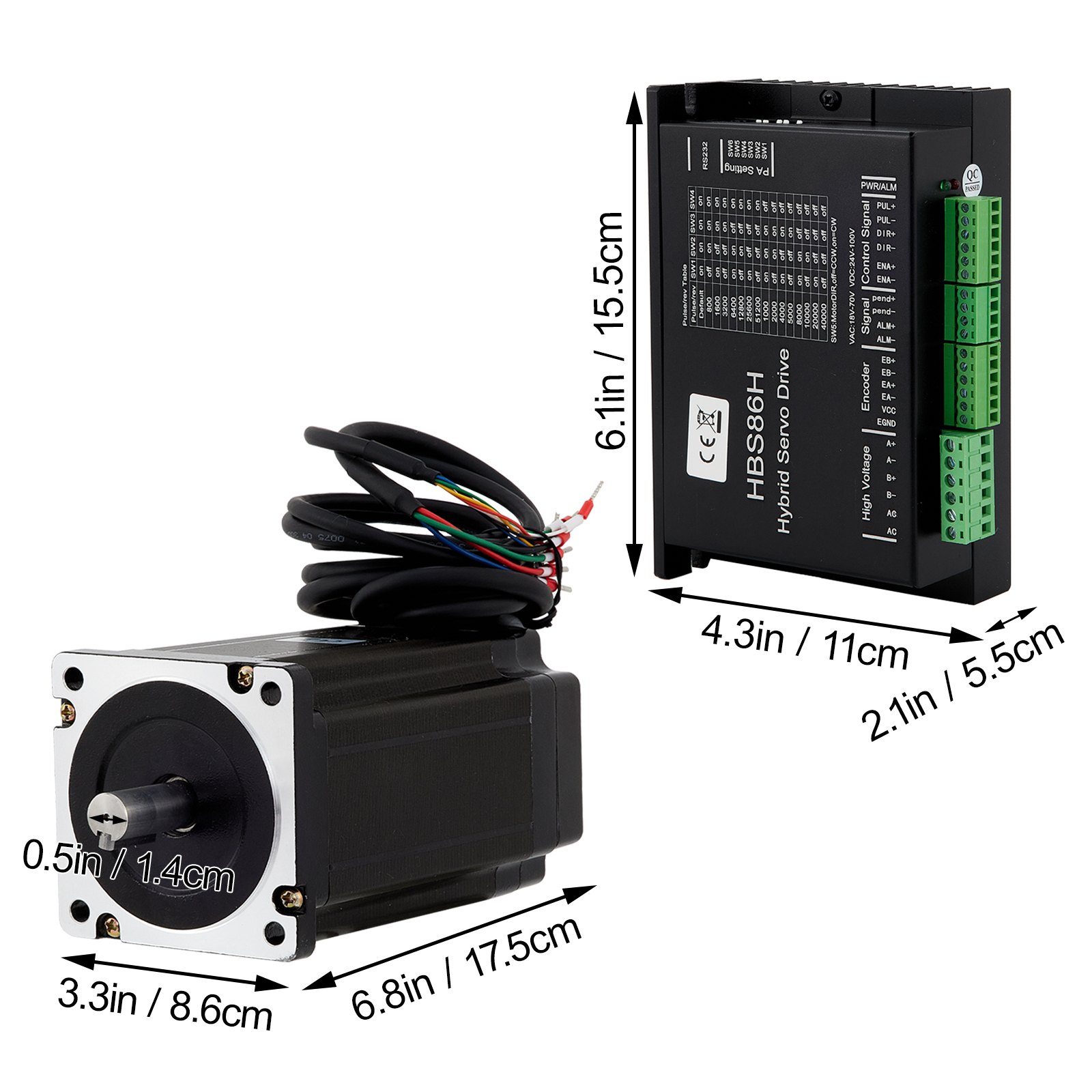 Servomotor paso a paso VEVOR nema34 con servoaccionamiento híbrido hbs86h, dimensiones etiquetadas.