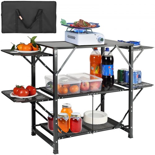 Mesa de cocina de camping VEVOR, estación de cocina portátil plegable de una sola pieza con bolsa de transporte, mesa de camping de aluminio con 4 mesas laterales de hierro y 2 estantes, ideal para picnics al aire libre, barbacoas, camping y viajes en autocaravana.