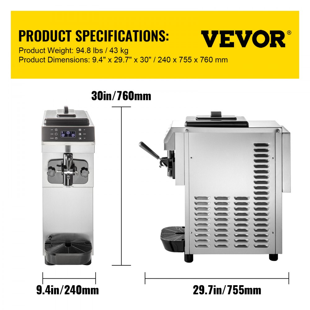 Máquina de helado suave VEVOR con especificaciones de dimensiones y peso.