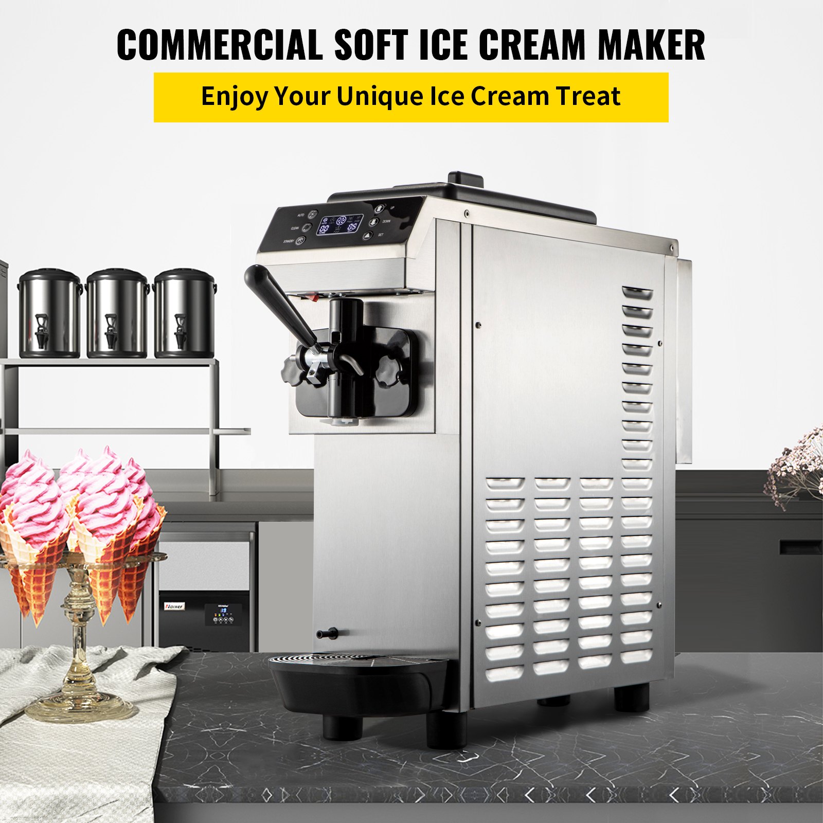 Máquina de helado suave VEVOR en una cocina moderna con conos de helado en el mostrador.