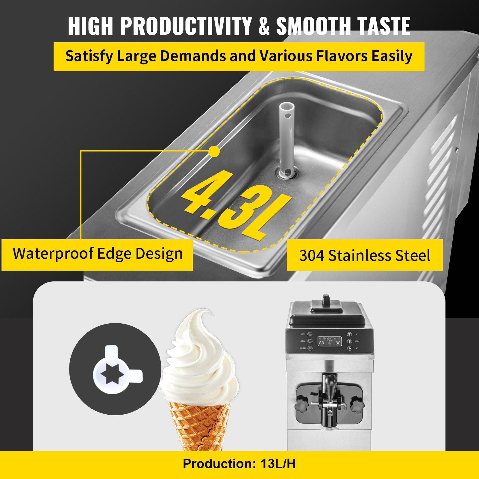 Máquina de helado suave VEVOR con capacidad de 4,3l, acero inoxidable 304, alta productividad.