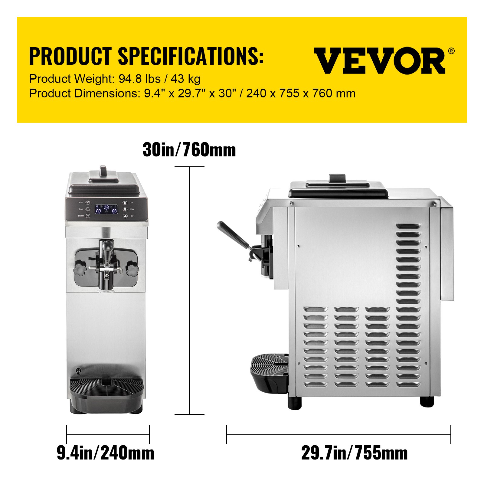 Máquina de helado suave VEVOR con especificaciones de dimensiones y peso.