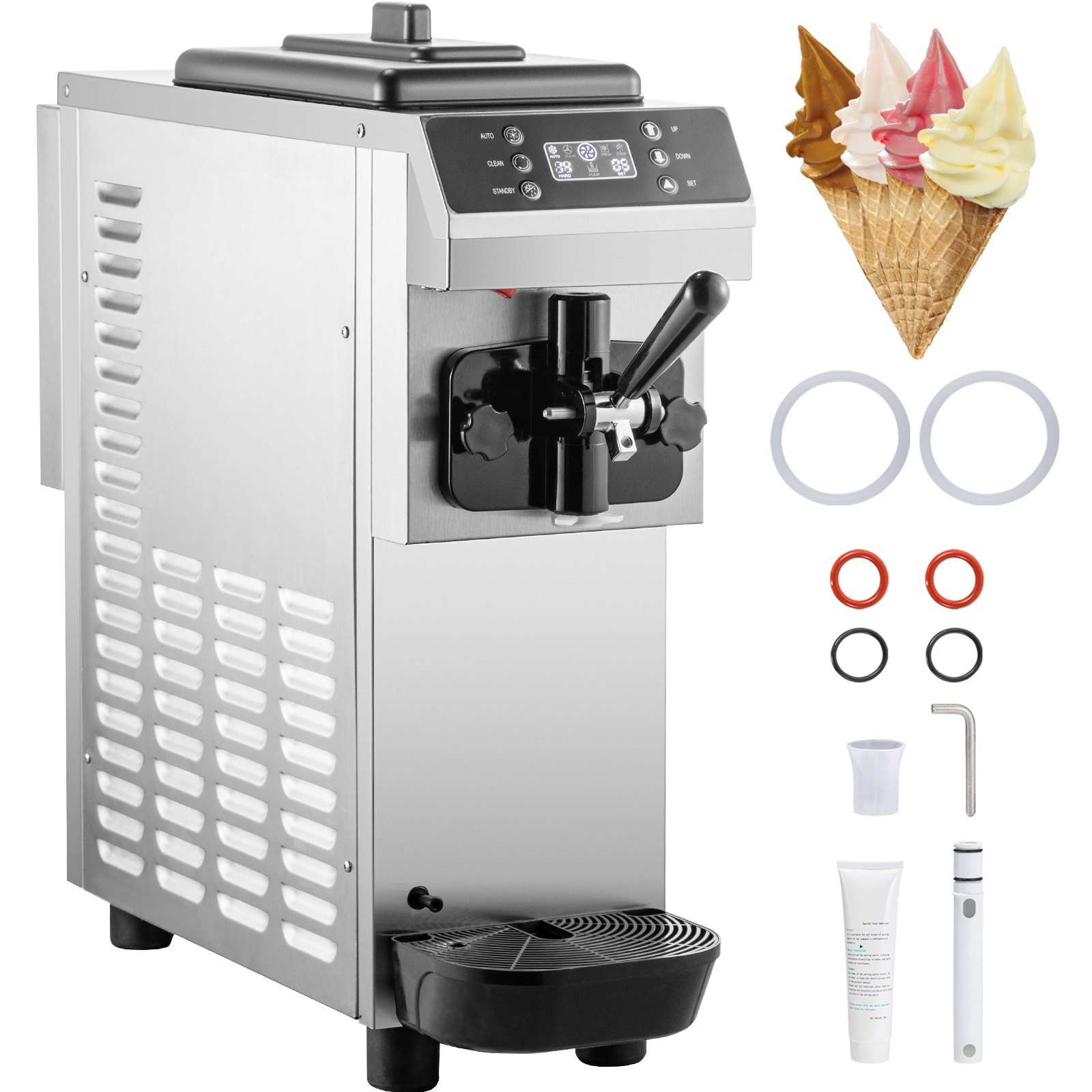 Máquina de helado suave VEVOR con conos, juntas y herramientas de limpieza incluidas.