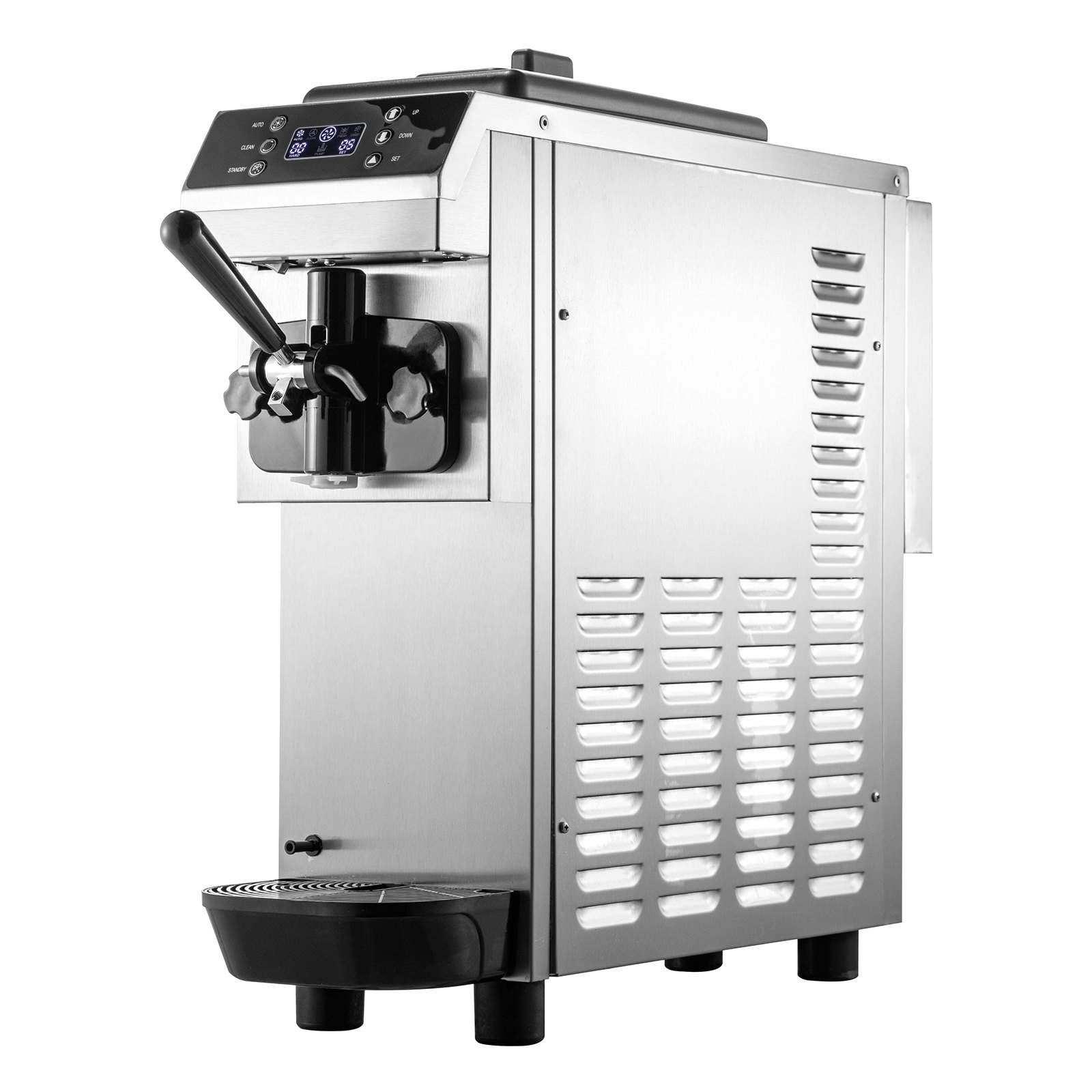 Máquina de helado suave VEVOR de acero inoxidable con palanca dosificadora y panel de control digital.