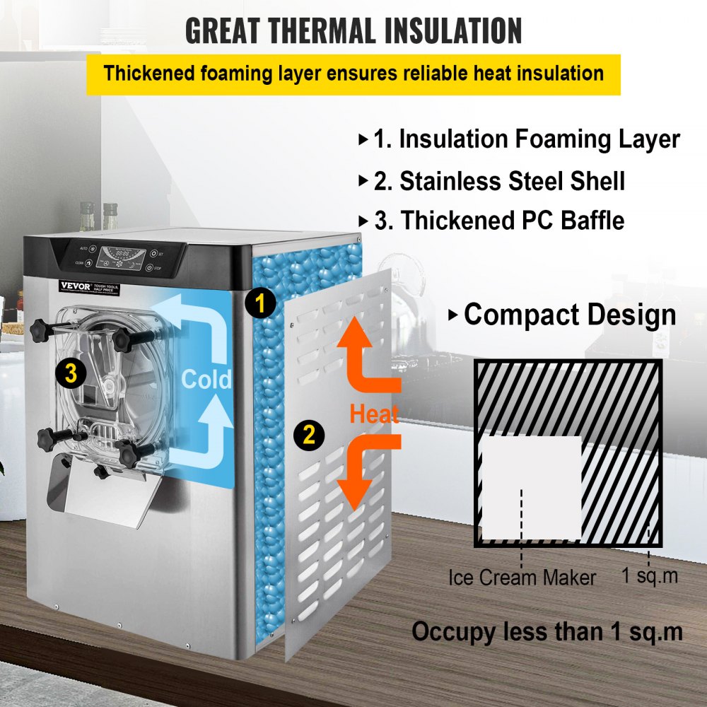 Máquina de helados comercial VEVOR de 1400 W, 20/5,3 Gph, máquina para hacer helados duros con pantalla LED, temporizador de apagado automático, un sabor, ideal para restaurantes, bares y supermercados.