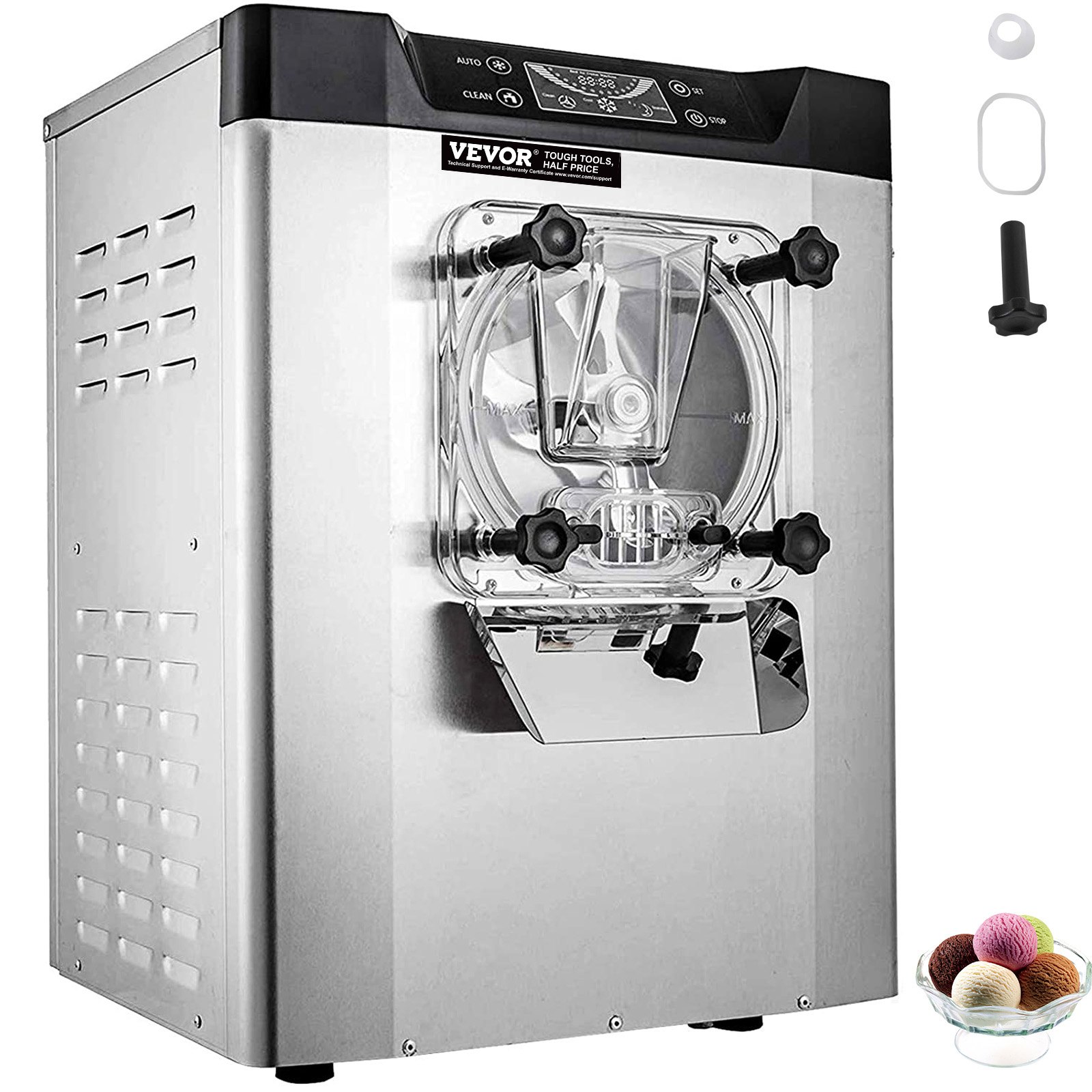 Máquina de helados comercial VEVOR de 1400 W, 20/5,3 Gph, máquina para hacer helados duros con pantalla LED, temporizador de apagado automático, un sabor, ideal para restaurantes, bares y supermercados.
