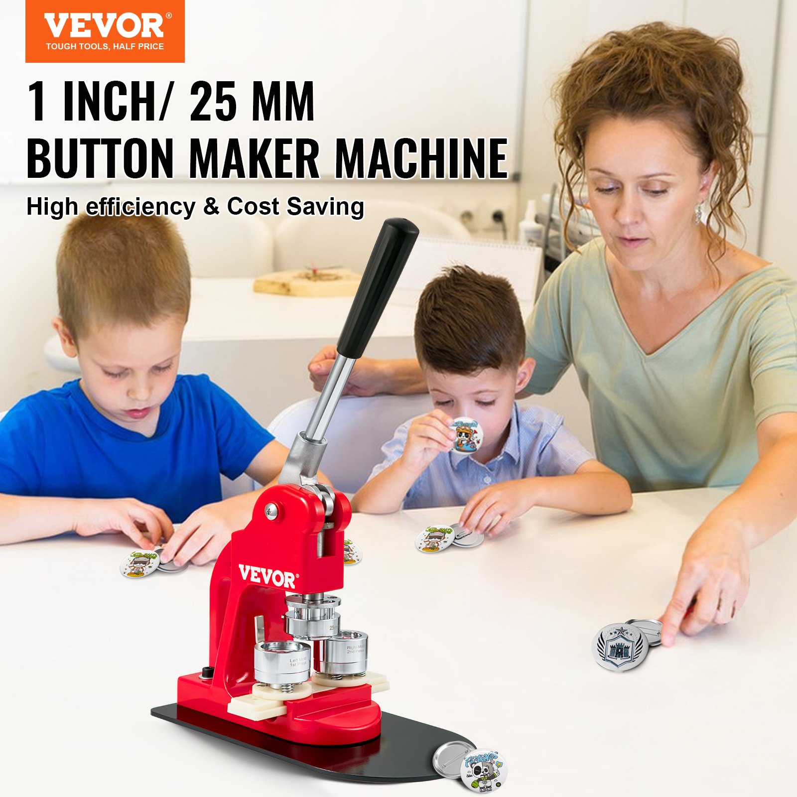 Máquina para fabricar botones VEVOR que crea botones personalizados en casa con niños, etiquetados de 1 pulgada/25 mm, alta eficiencia y ahorro de costos.