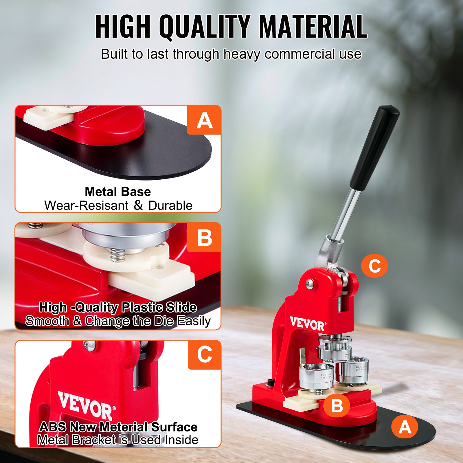 Máquina para fabricar botones VEVOR con base de metal, tobogán de plástico de alta calidad y superficie ABS.