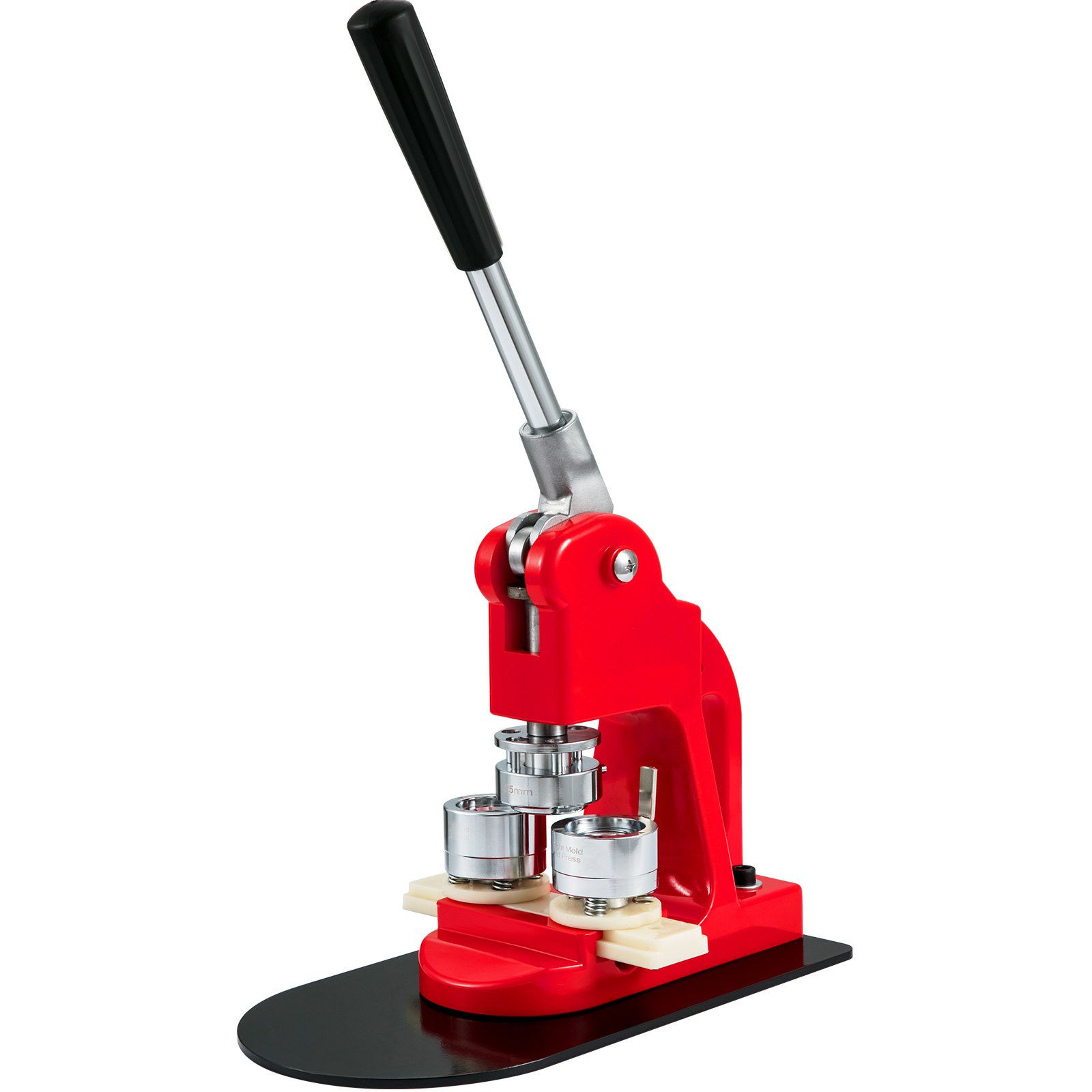 Máquina para hacer botones VEVOR de color rojo con mango negro sobre fondo blanco.