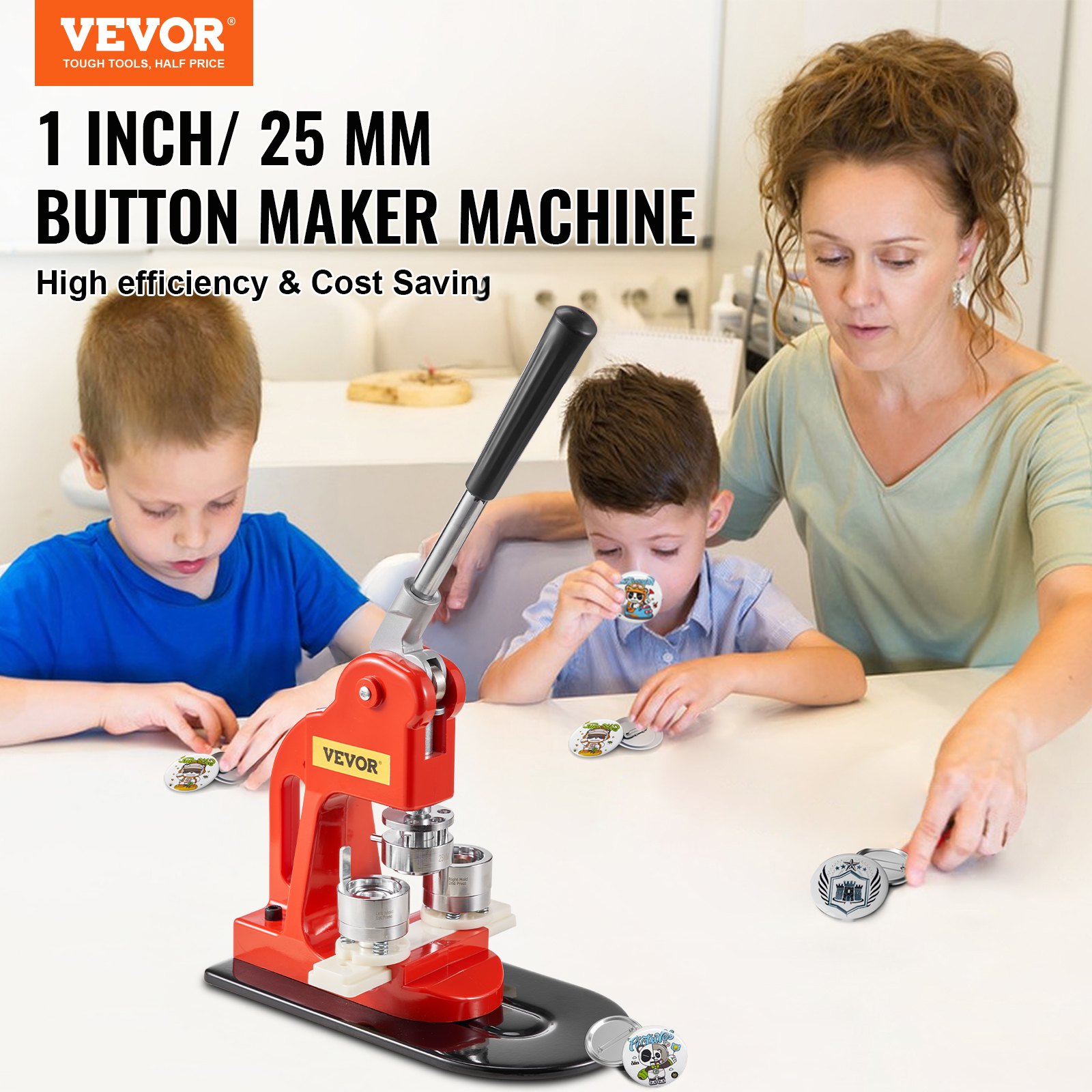 Máquina para fabricar botones VEVOR que crea botones personalizados en casa con niños, etiquetados de 1 pulgada/25 mm, alta eficiencia y ahorro de costos.