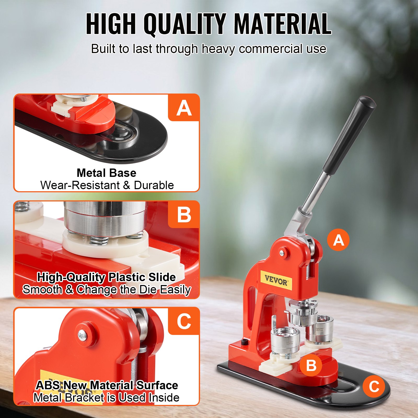 Máquina para fabricar botones VEVOR con base de metal, tobogán de plástico de alta calidad y superficie ABS.