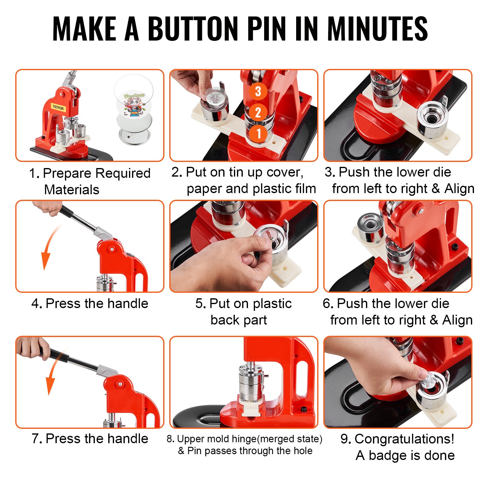 Tutorial de la máquina para fabricar botones VEVOR: pasos para hacer un pin de botón en minutos con ilustraciones.