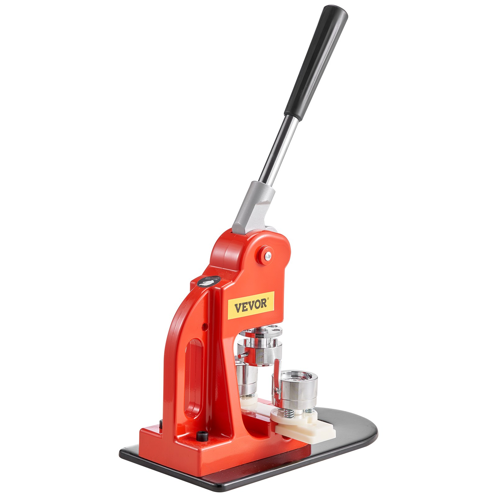 Máquina para fabricar botones VEVOR de color rojo con mango negro y componentes metálicos sobre base negra.