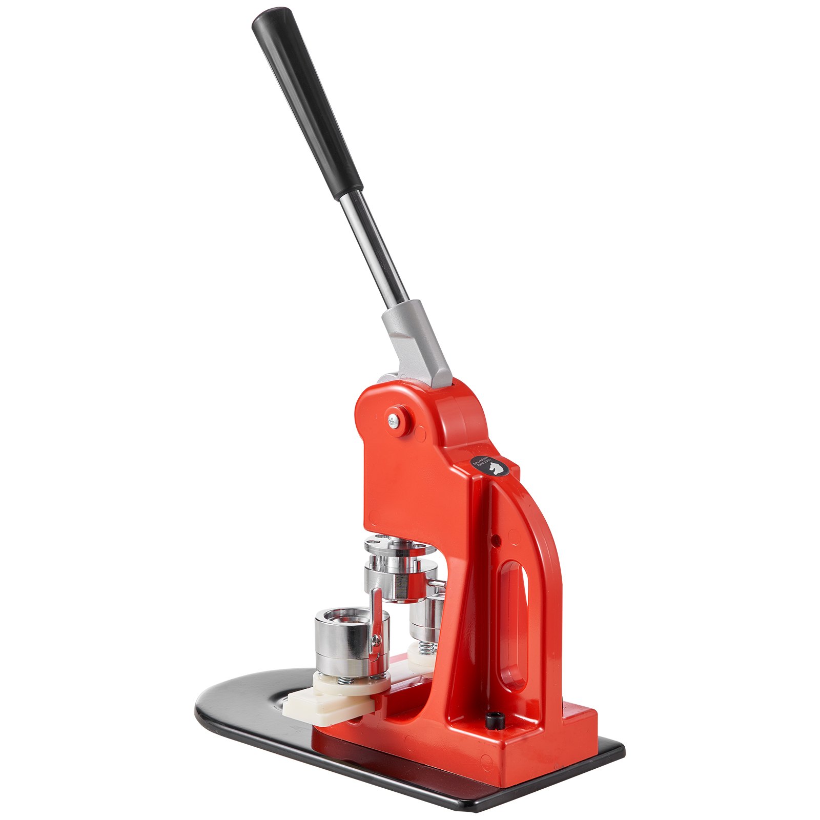 Máquina para fabricar botones VEVOR de color rojo con mango negro y componentes metálicos sobre una base negra.
