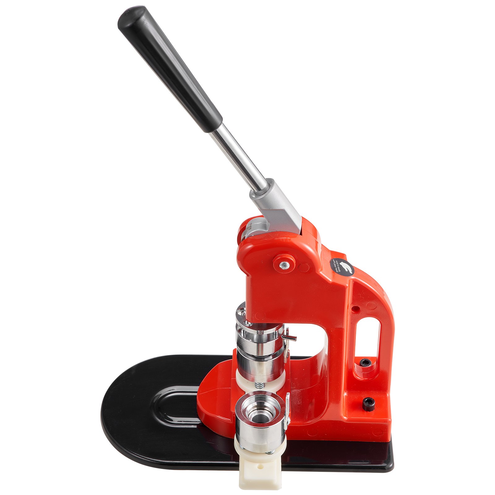 Máquina para hacer botones VEVOR de color rojo con mango negro y piezas metálicas.
